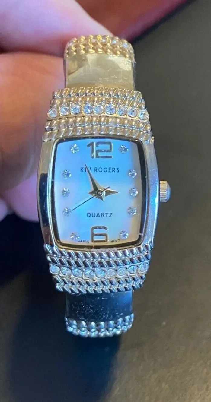 Women's Kim Rogers Silver Tone Bangle Bracelet Watch with MOP Face,Crystal Accen